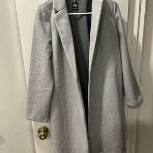 Zara Gray Trench Coat Wool Blend Notched Lapel
